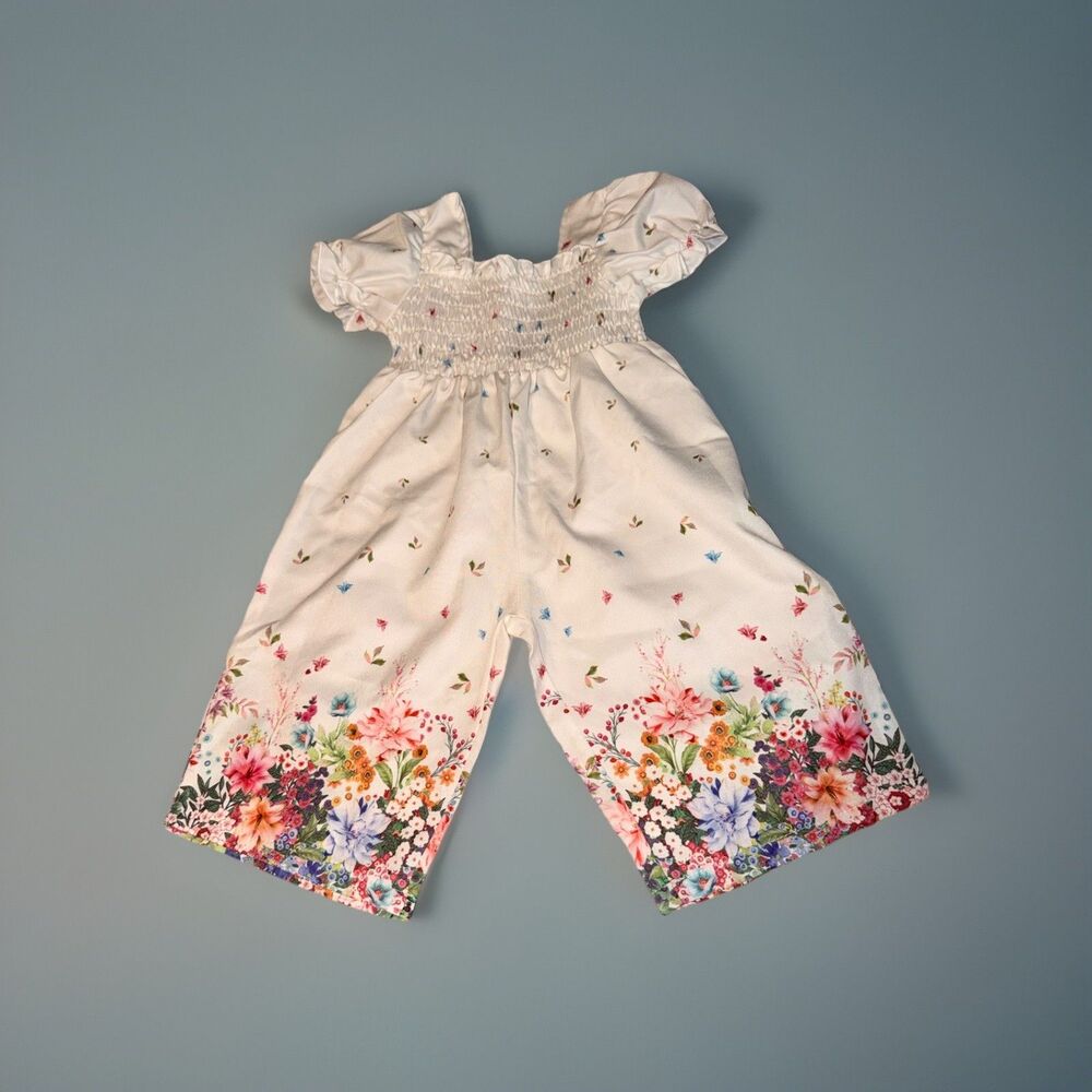 Babygirl Floral Jumpsuit Romper 6-9Mo Smocked Boho Wide Leg Spring Easter